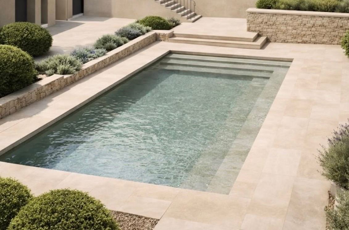 Tour de piscine en dalles de pierre claire